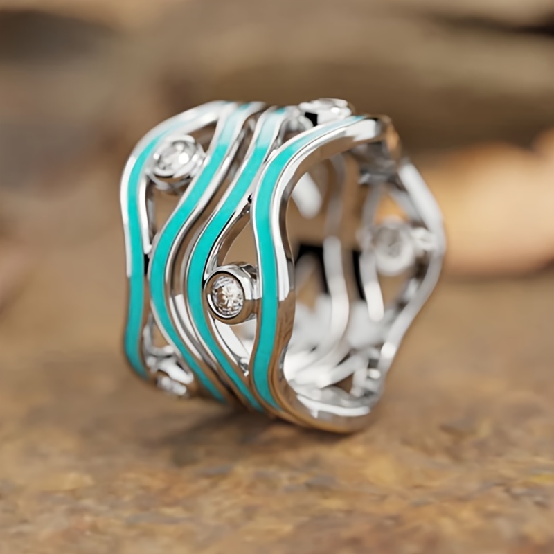 Bohemian Turquoise Wave Enamel Ring with Golden Plating